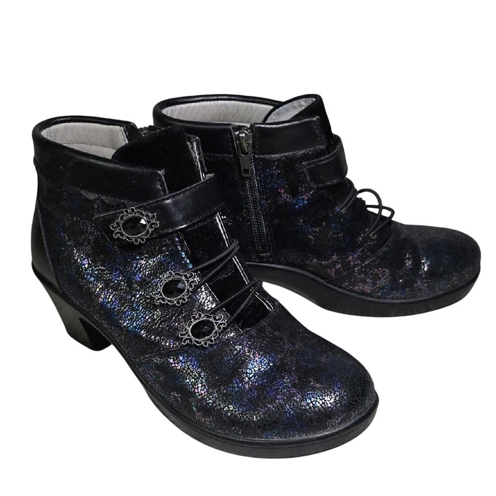 Alegria Heidi Iridescent Shimmer Multi Black Leather Ankle Boots Womens Size 37